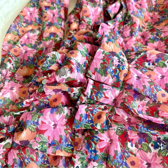 ZARA Floral Draped Mini Pink Dress Crewneck Puff Shoulders XS - Picture 6 of 11